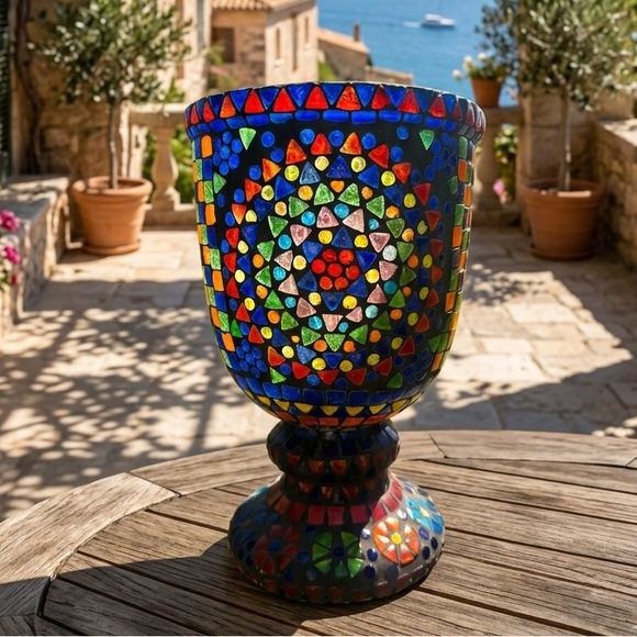 Vintage Rare Mosaic Glass Vase / Candle Holder Large Multicolor Boho Decor 12”